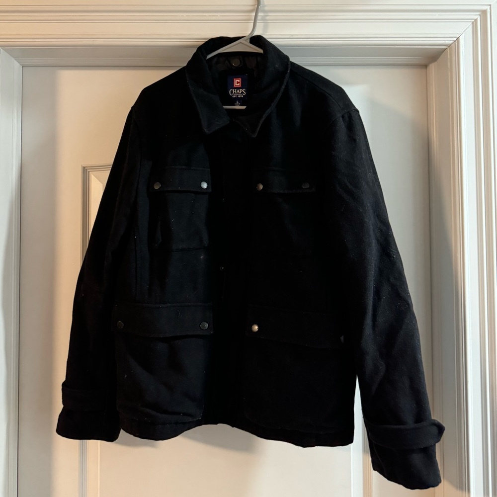 Chaps Large Black Peacoat with Pockets Zipper